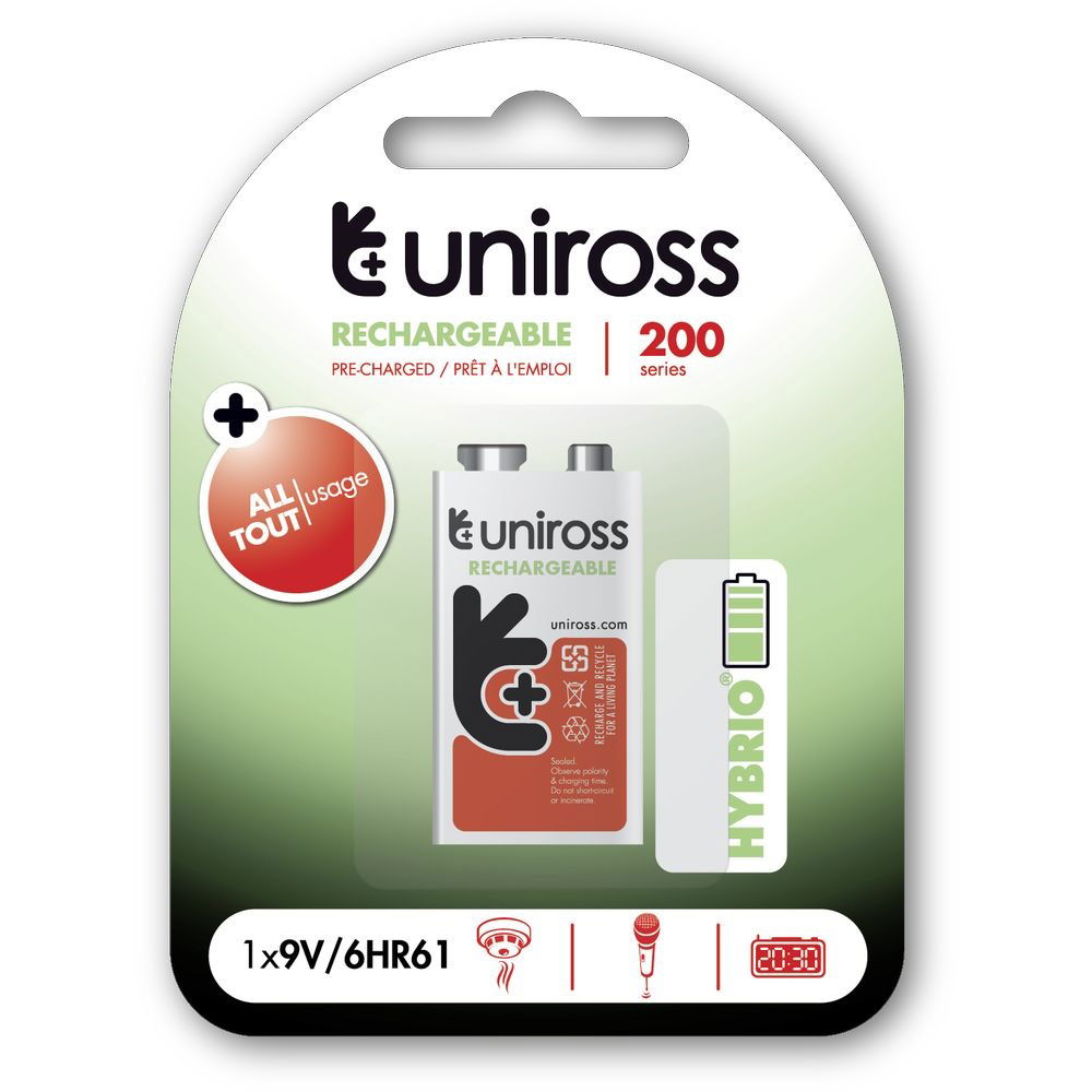 Uniross HYBRIO 9V Ni-MH akkumulátor, hasáb, 200 mAh, 1 db/bliszter termék fő termékképe