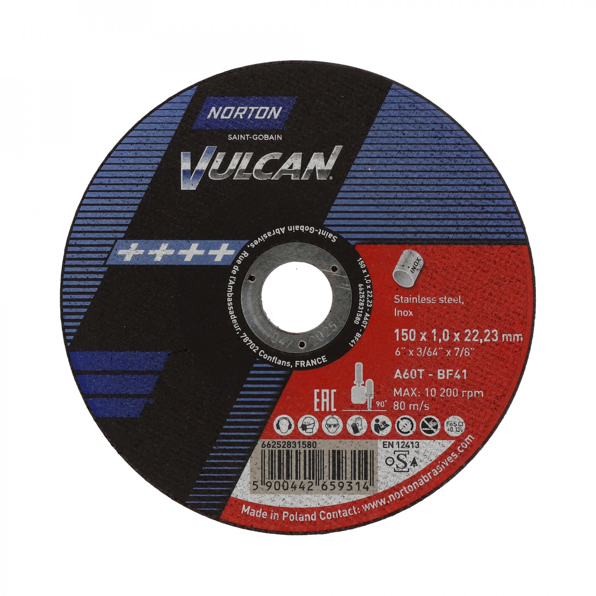Norton Vulcan inox vágókorong 150x1,0x22,23mm A60T, 25 db/csomag termék fő termékképe