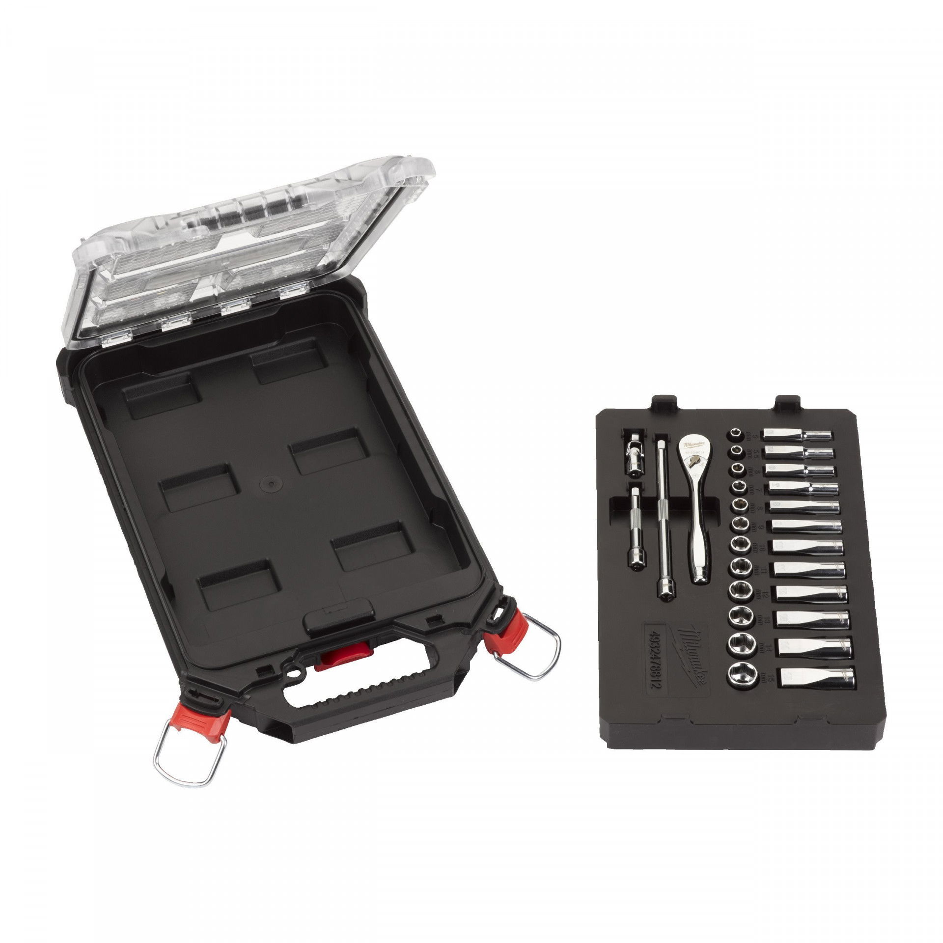 Milwaukee 1/4"-os racsnis dugókulcs készlet PACKOUT™ keskeny rendszerezőben, metrikus, 28 darabos termék fő termékképe