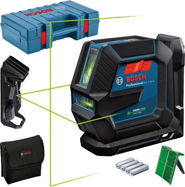 Bosch GLL 2-15 G vonallézer + LB 10 univerzális tartó + DK 10 mennyezeti csipesz termék fő termékképe