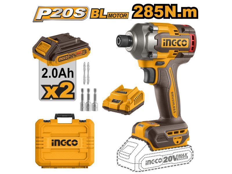 INGCO Akkus ütvecsavarozó 1/4" 285 Nm szénkefe nélküli 20 V (2 x 2,0 Ah akku + töltő) termék fő termékképe