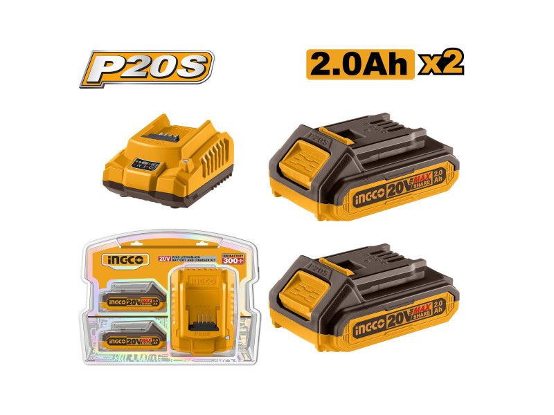 INGCO Akkumulátor és töltő szett 20 V (2 x 2,0 Ah akku + 2,0 A töltő) termék fő termékképe