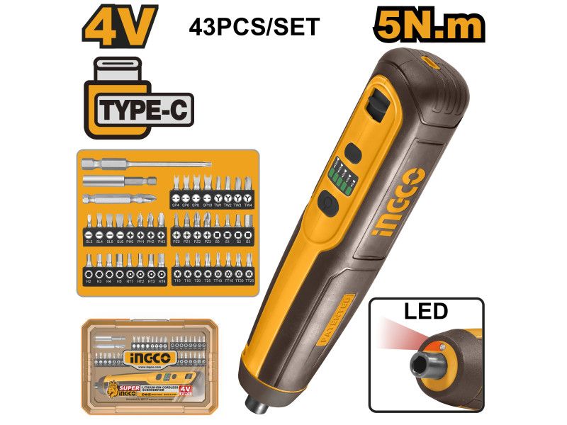 INGCO Akkus csavarozó 5 Nm 4 V + 43 részes bit (USB-C töltés) termék fő termékképe