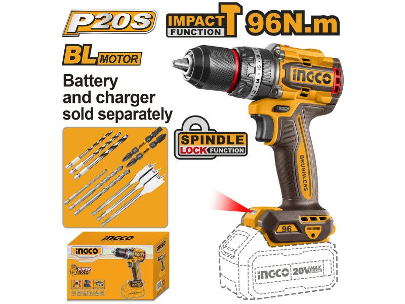 INGCO Akkus ütvefúró-csavarozó 96 Nm szénkefe nélküli 20 V (akku és töltő nélkül) termék fő termékképe