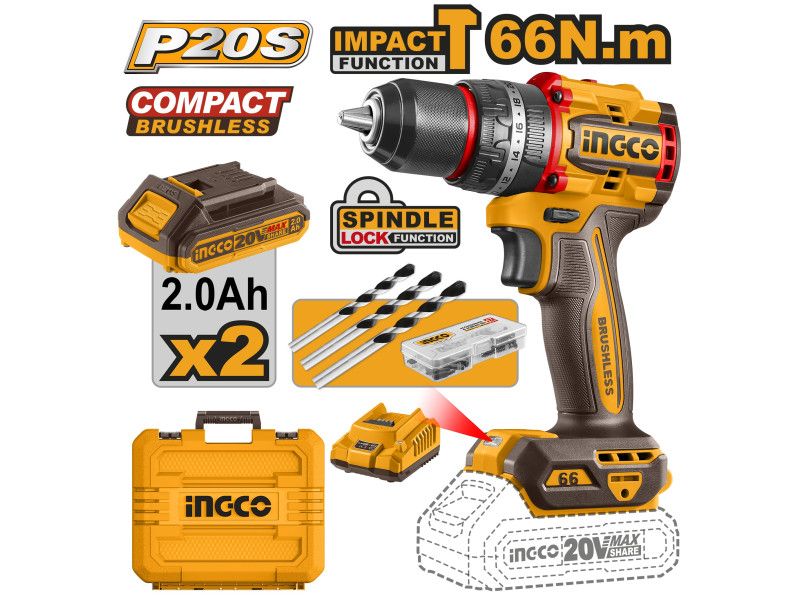 INGCO Akkus ütvefúró-csavarozó 66 Nm szénkefe nélküli 20 V (2 x 2,0 Ah akku + töltő) termék fő termékképe