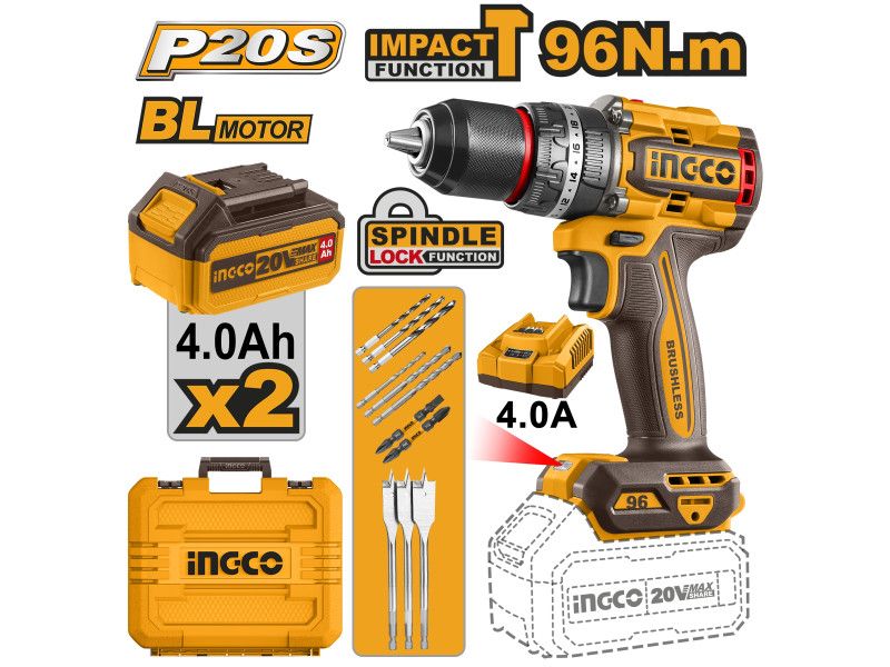 INGCO Akkus ütvefúró-csavarozó 96 Nm szénkefe nélküli 20 V (2 x 4,0 Ah akku + töltő) termék fő termékképe