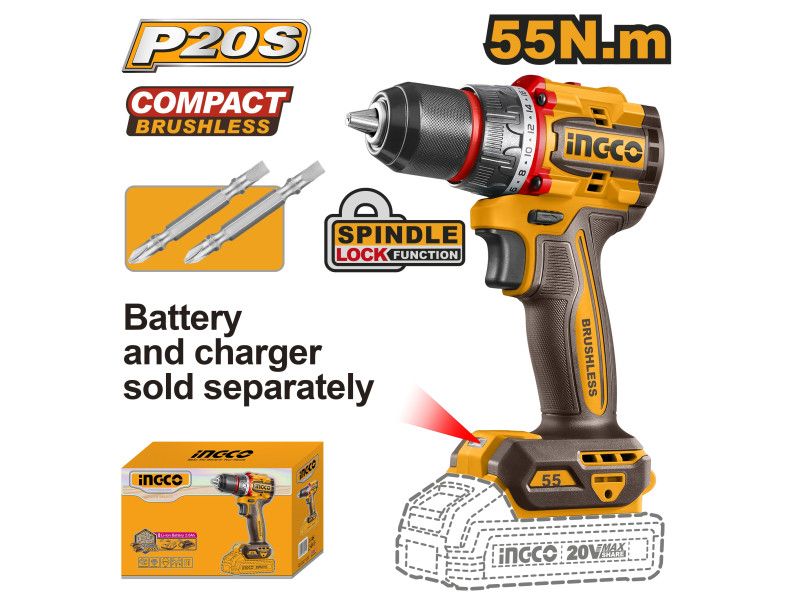 INGCO Akkus fúró-csavarozó 55 Nm szénkefe nélküli 20 V (akku és töltő nélkül) termék fő termékképe