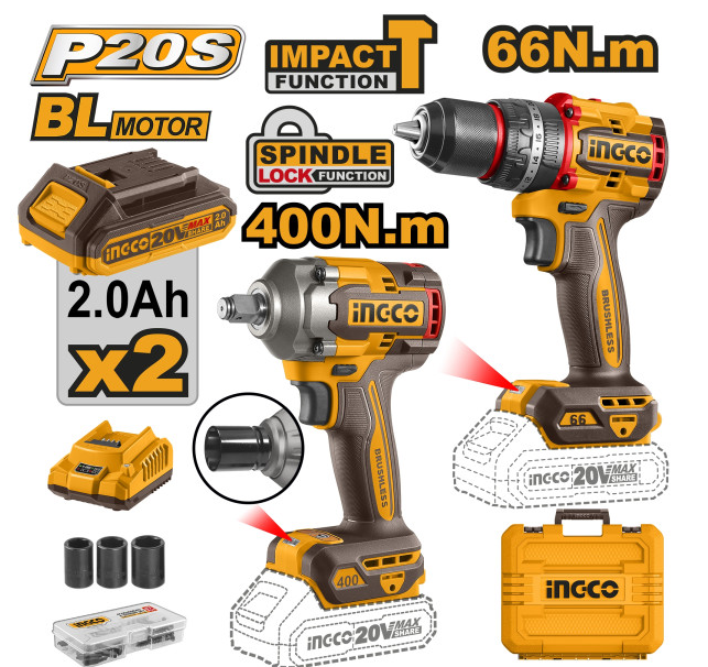INGCO Akkus erőcsomag 20 V Ütvefúró-csavarozó 66 Nm+Ütvecsavarozó 1/2" 400 Nm (2 db akku + töltő) termék fő termékképe