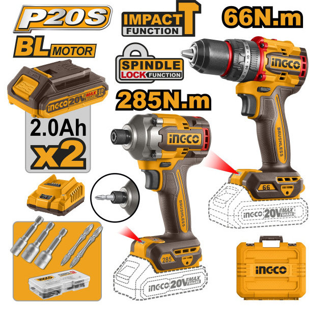 INGCO Akkus erőcsomag 20 V Ütvefúró-csavarozó 66 Nm+Ütvecsavarozó 1/4" 285 Nm (2 db akku + töltő) termék fő termékképe