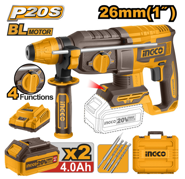 INGCO Akkus kombikalapács 2,5 J SDS-Plus szénkefe nélküli 20 V (2 x 4,0 Ah akku + töltő) termék fő termékképe