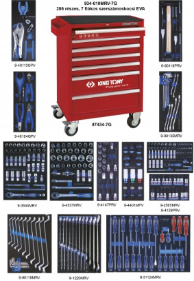 Kingtony 286 részes, 7 fiókos erősített szerszámoskocsi EVA 934-010MRV-7G termék fő termékképe