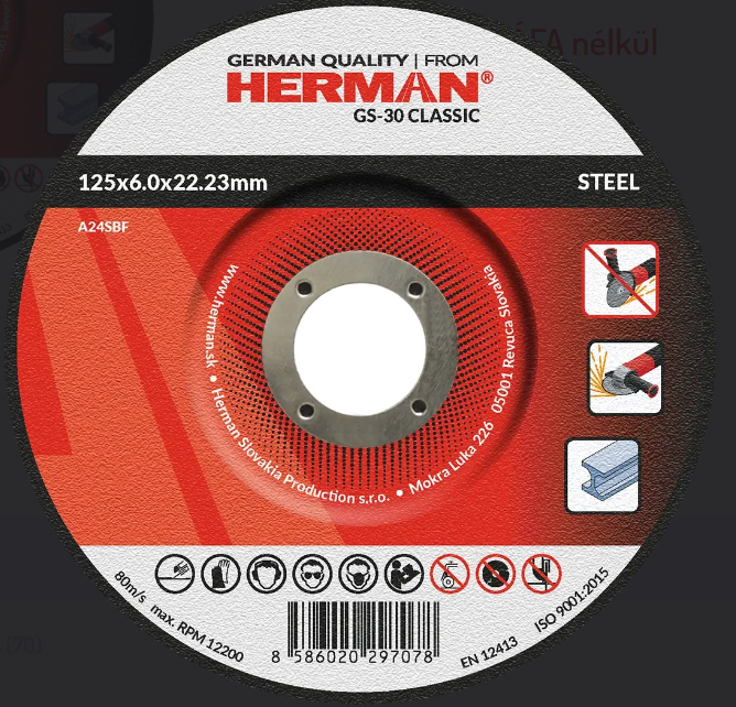 HERMAN Csiszolótárcsa HERMAN GS-30 Classic I Acélhoz 125x6,0x22,23mm termék fő termékképe